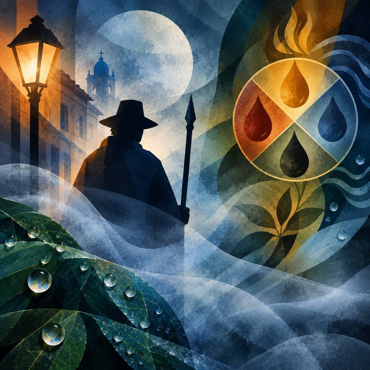 Ilustración del sereno nocturno junto al río y la vegetación